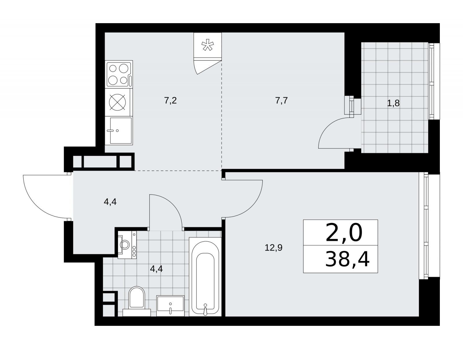 2-комнатная квартира (евро) без отделки, 38.4 м2, 3 этаж, сдача 1 квартал 2026 г., ЖК Дзен-кварталы, корпус 3.1 - объявление 2240707 - фото №1