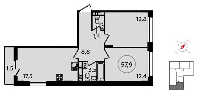 2-комнатная квартира без отделки, 57.9 м2, 13 этаж, сдача 1 квартал 2022 г., ЖК Скандинавия, корпус 13.1 - объявление 1411579 - фото №1