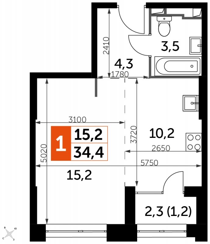 1-комнатная квартира с частичной отделкой, 34.4 м2, 21 этаж, сдача 1 квартал 2023 г., ЖК Sydney City, корпус 3 - объявление 1658335 - фото №1