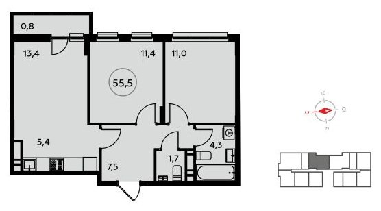 3-комнатная квартира (евро) без отделки, 55.5 м2, 14 этаж, сдача 4 квартал 2022 г., ЖК Белые ночи, корпус 3.2 - объявление 1409069 - фото №1
