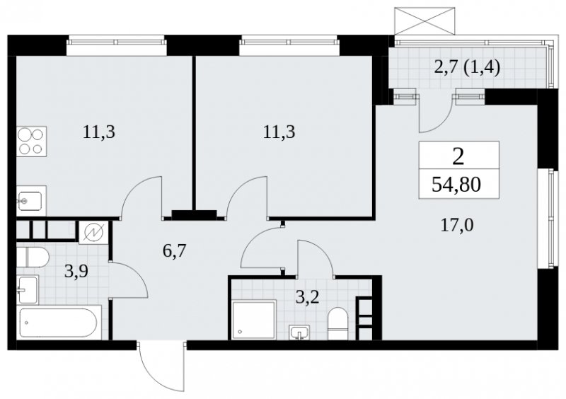 2-комнатная квартира без отделки, 54.8 м2, 8 этаж, сдача 1 квартал 2025 г., ЖК Прокшино, корпус 5.2.4 - объявление 1900751 - фото №1