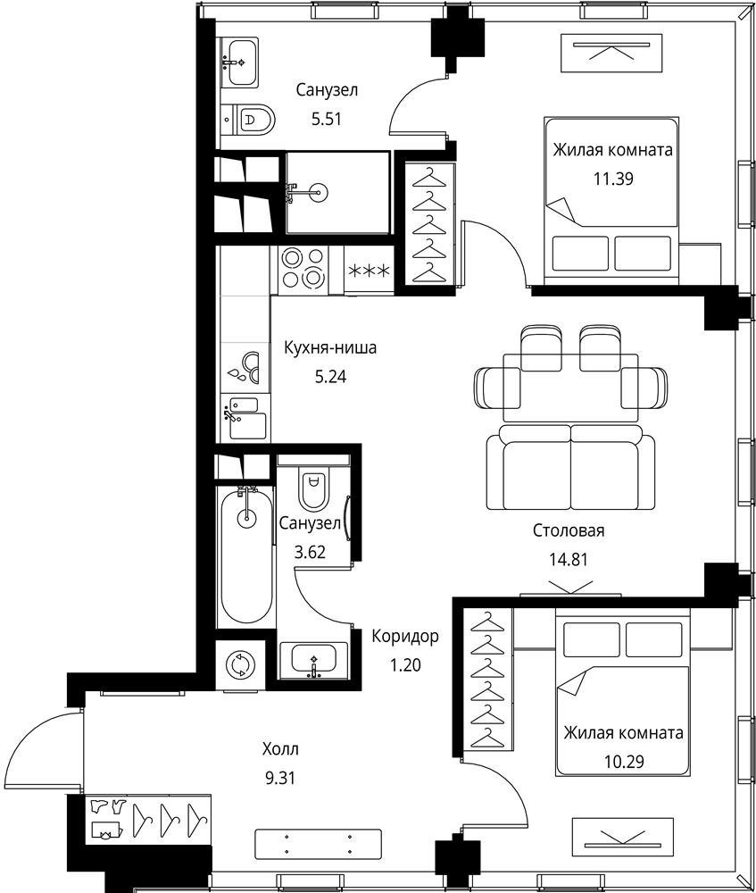 2-комнатная квартира с частичной отделкой, 62.09 м2, 50 этаж, сдача 3 квартал 2026 г., ЖК City Bay, корпус North Ocean 1 - объявление 2279703 - фото №1
