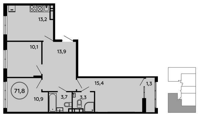 3-комнатная квартира без отделки, 71.8 м2, 11 этаж, сдача 1 квартал 2023 г., ЖК Скандинавия, корпус 2.14.1 - объявление 1499234 - фото №1