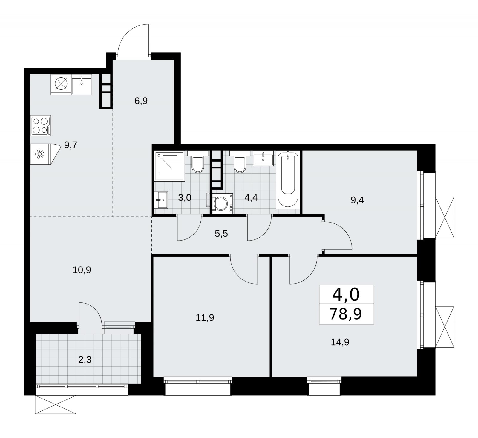 4-комнатная квартира (евро) с частичной отделкой, 78.9 м2, 13 этаж, сдача 1 квартал 2026 г., ЖК Бунинские кварталы, корпус 6.1 - объявление 2252459 - фото №1