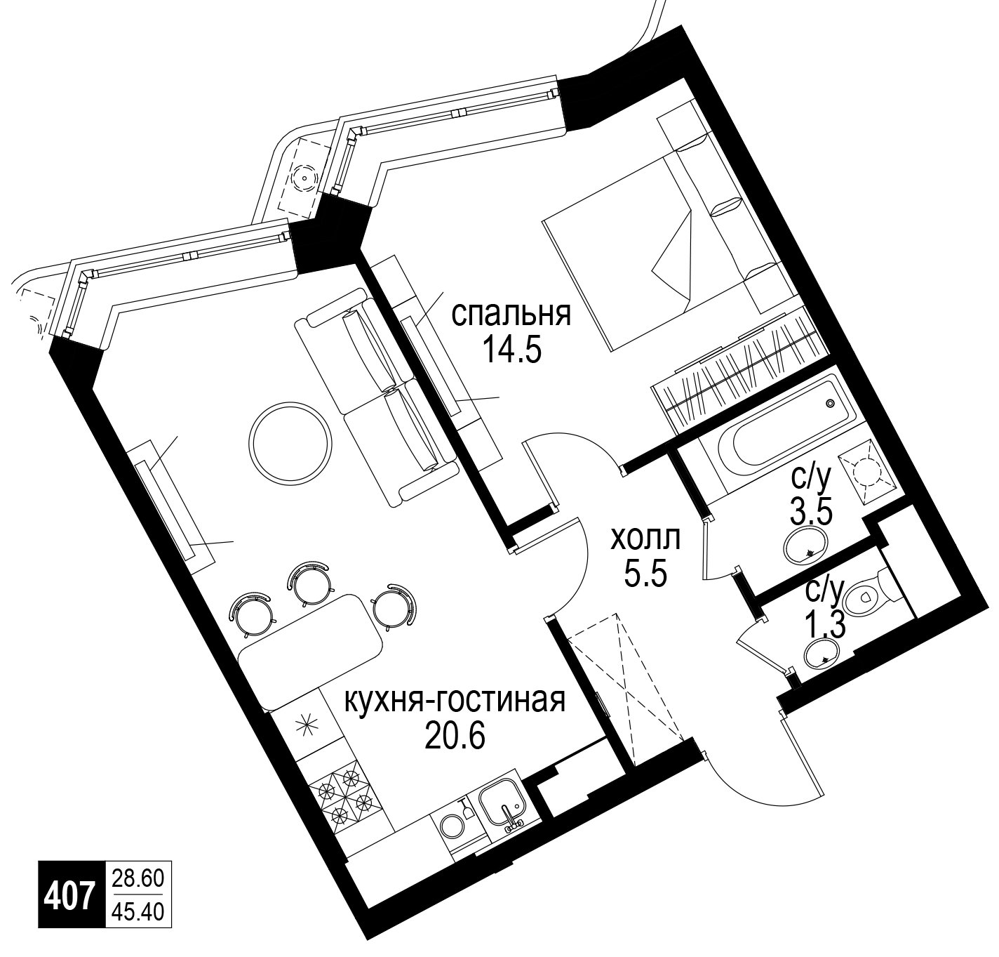 2-комнатная квартира без отделки, 45.4 м2, 13 этаж, сдача 2 квартал 2024 г., ЖК Интеллигент, корпус 2 - объявление 2260657 - фото №1