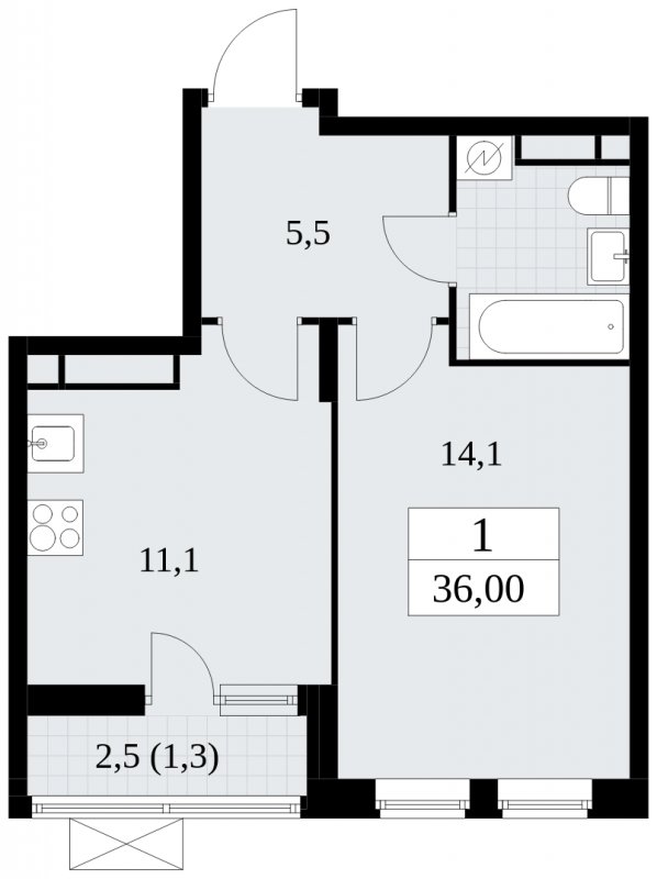 1-комнатная квартира без отделки, 36 м2, 14 этаж, сдача 1 квартал 2025 г., ЖК Прокшино, корпус 5.1.3 - объявление 1810648 - фото №1