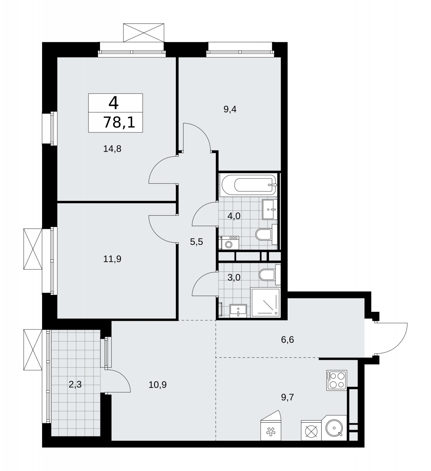 4-комнатная квартира (евро) с частичной отделкой, 78.1 м2, 12 этаж, сдача 2 квартал 2026 г., ЖК Скандинавия, корпус 25.2 - объявление 2283560 - фото №1