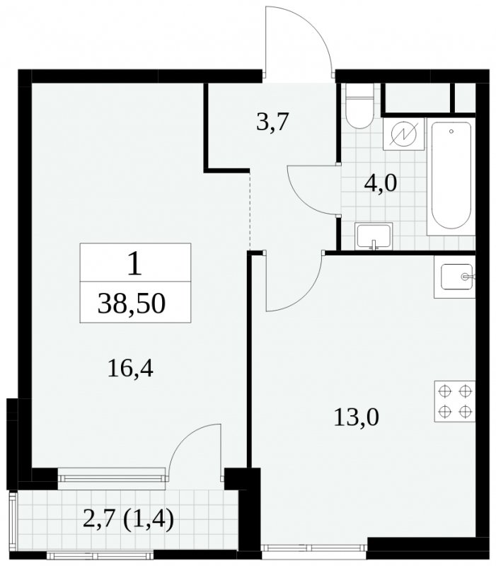1-комнатная квартира без отделки, 38.5 м2, 11 этаж, сдача 2 квартал 2025 г., ЖК Южные сады, корпус 2.4 - объявление 1760322 - фото №1