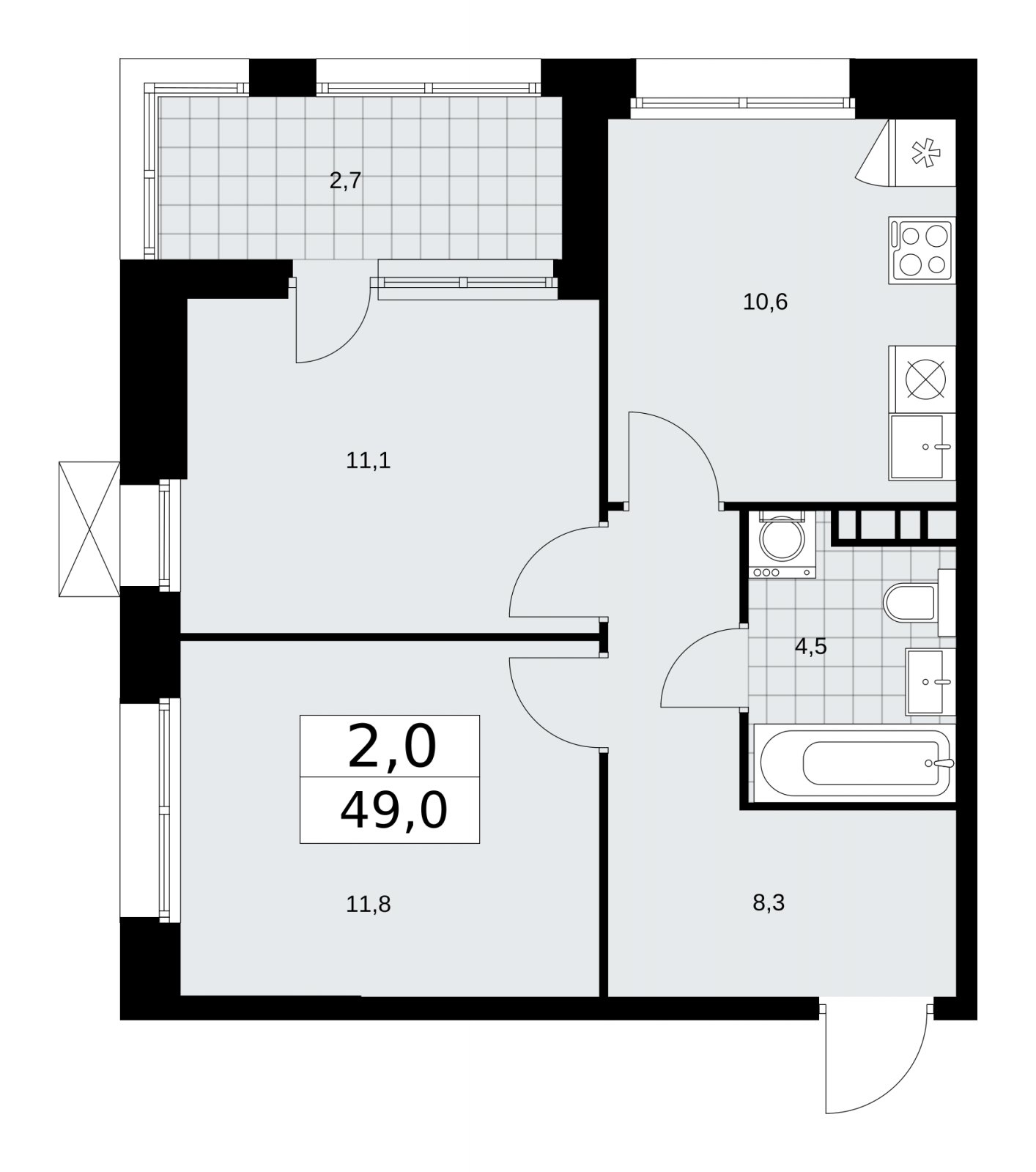 2-комнатная квартира с частичной отделкой, 49 м2, 8 этаж, сдача 1 квартал 2026 г., ЖК Бунинские кварталы, корпус 6.1 - объявление 2252410 - фото №1
