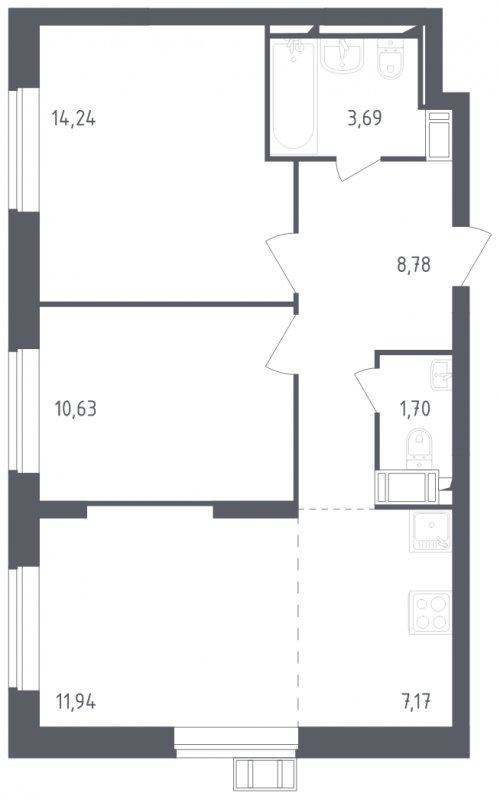 3-комнатная квартира с полной отделкой, 58.15 м2, 13 этаж, сдача 3 квартал 2023 г., ЖК Томилино Парк, корпус 4.1 - объявление 1570461 - фото №1