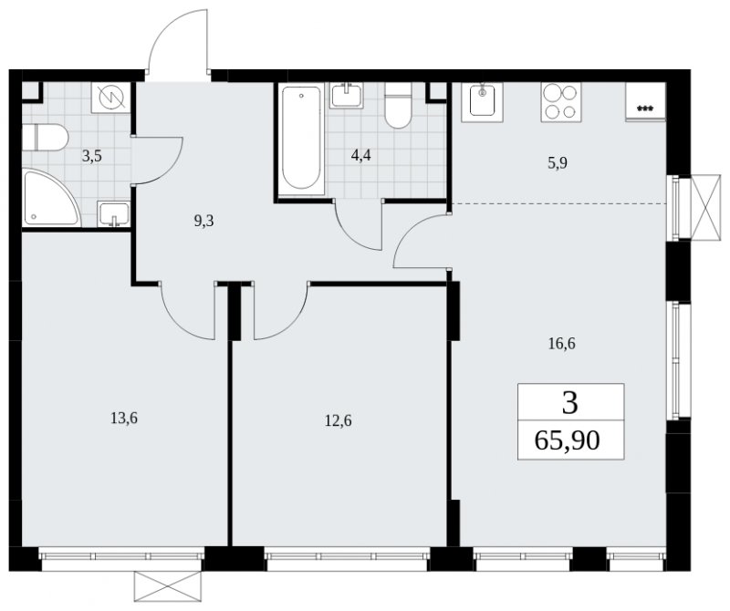 3-комнатная квартира (евро) без отделки, 65.9 м2, 2 этаж, сдача 1 квартал 2025 г., ЖК Дзен-кварталы, корпус 1.4 - объявление 1896067 - фото №1