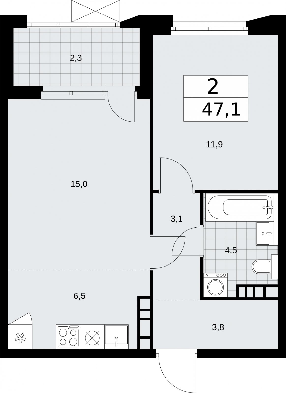 2-комнатная квартира (евро) без отделки, 47.1 м2, 21 этаж, сдача 2 квартал 2026 г., ЖК Бунинские кварталы, корпус 5.2 - объявление 2297477 - фото №1