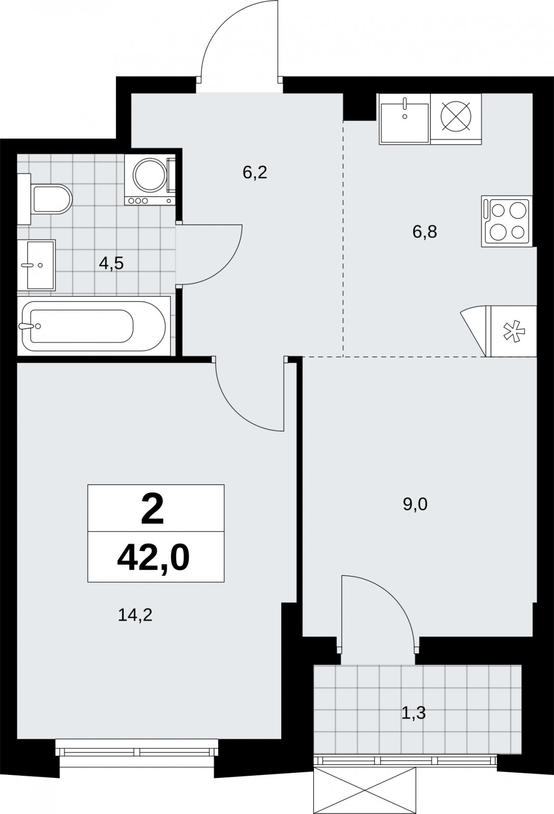 2-комнатная квартира (евро) без отделки, 42 м2, 2 этаж, сдача 1 квартал 2026 г., ЖК Дзен-кварталы, корпус 6.2.2 - объявление 2328625 - фото №1