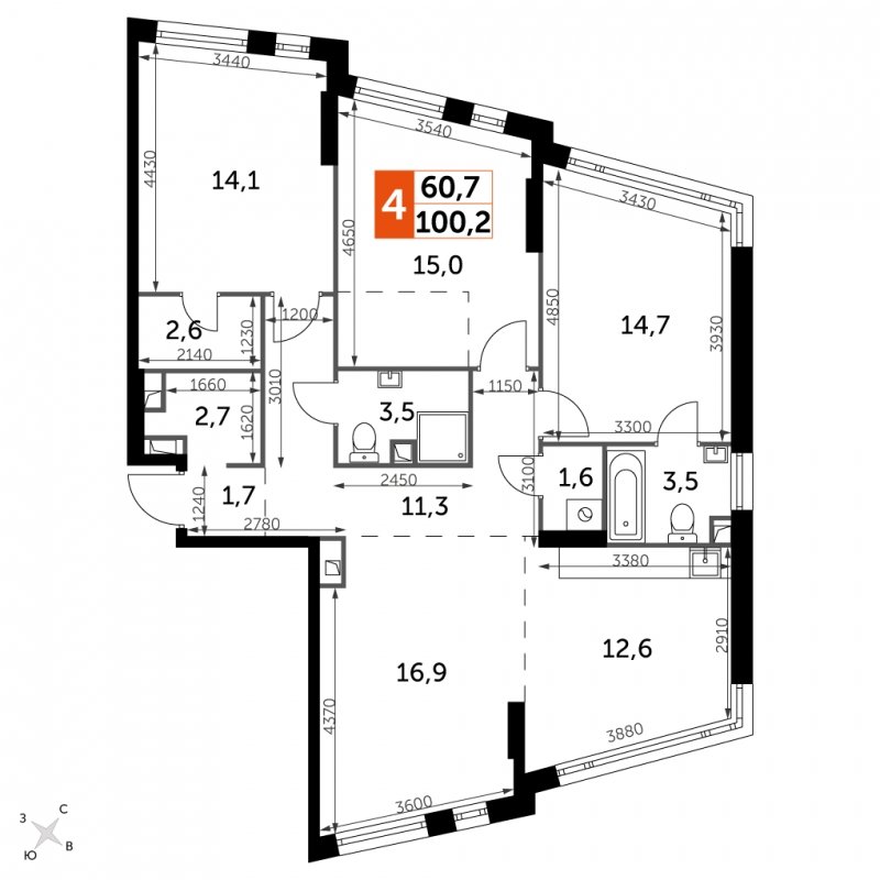 4-комнатная квартира с частичной отделкой, 100.2 м2, 3 этаж, сдача 4 квартал 2024 г., ЖК ROTTERDAM, корпус 2.1 - объявление 1849317 - фото №1