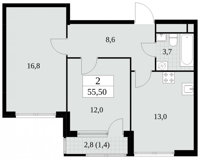 2-комнатная квартира без отделки, 55.5 м2, 27 этаж, сдача 2 квартал 2025 г., ЖК Южные сады, корпус 2.4 - объявление 1760407 - фото №1
