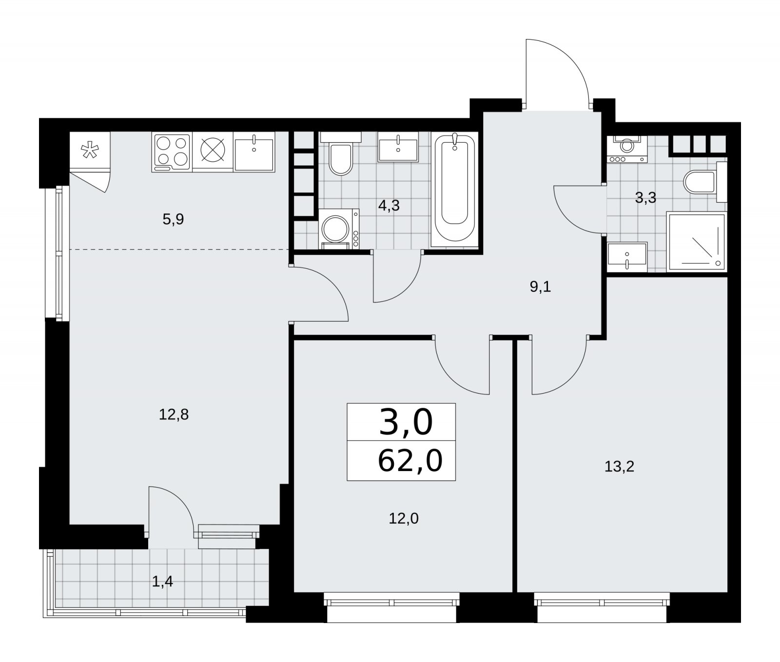 3-комнатная квартира (евро) без отделки, 62 м2, 6 этаж, сдача 1 квартал 2026 г., ЖК Дзен-кварталы, корпус 3.2 - объявление 2241198 - фото №1