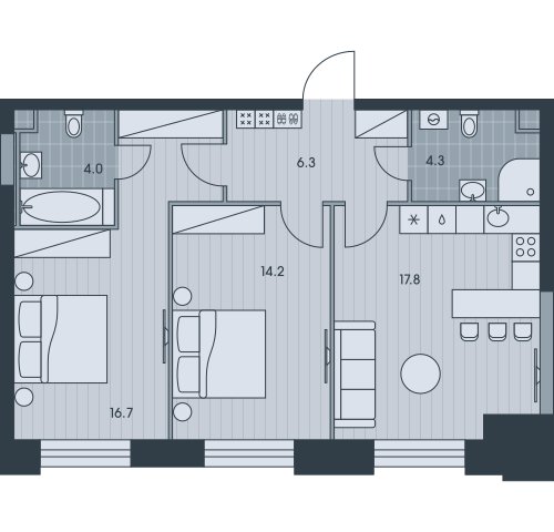 3-комнатная квартира без отделки, 63.3 м2, 31 этаж, сдача 3 квартал 2025 г., ЖК EVER, корпус 4 - объявление 2407934 - фото №1