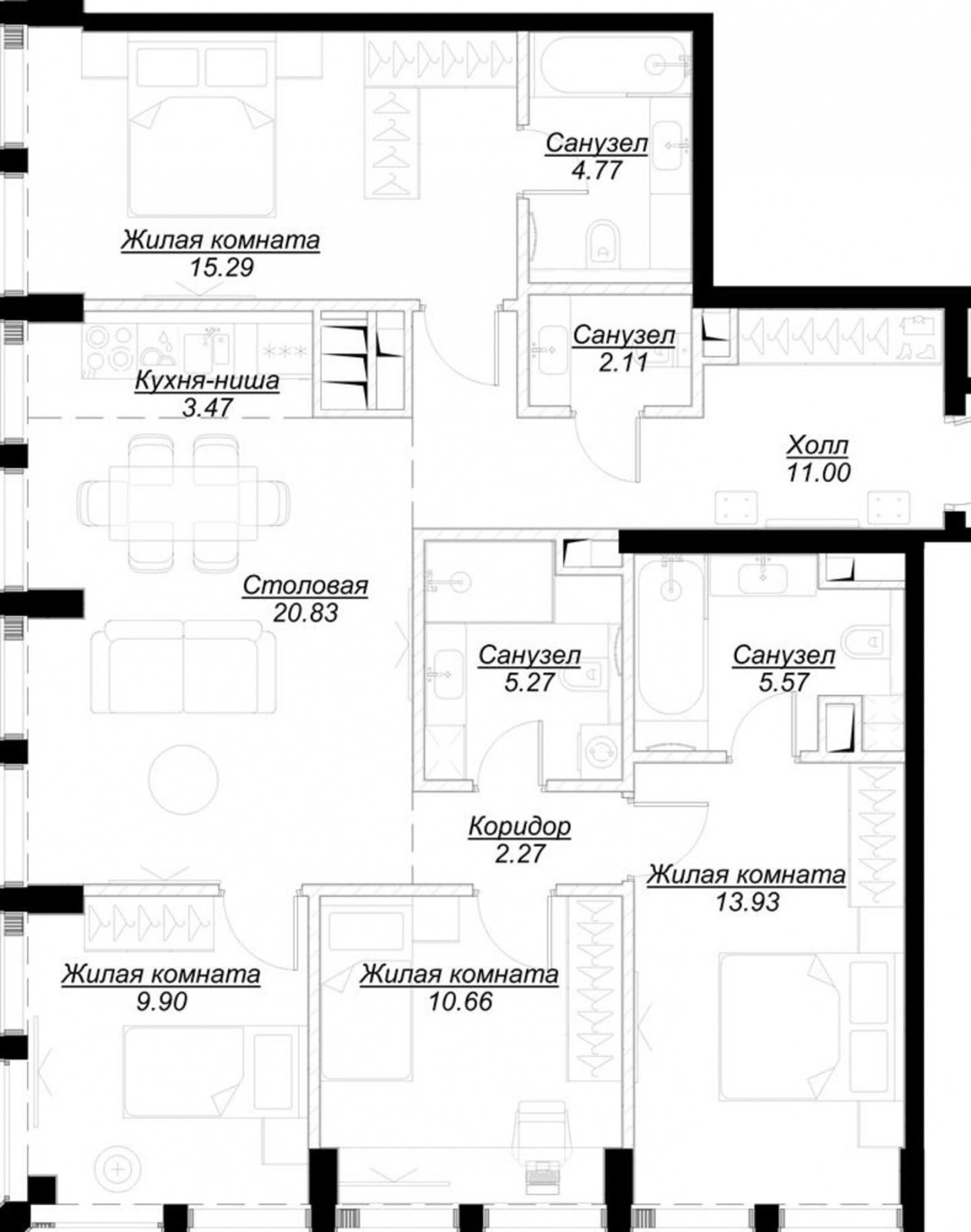 4-комнатная квартира с частичной отделкой, 104.74 м2, 35 этаж, сдача 4 квартал 2024 г., ЖК MOD, корпус Camus - объявление 2192602 - фото №1