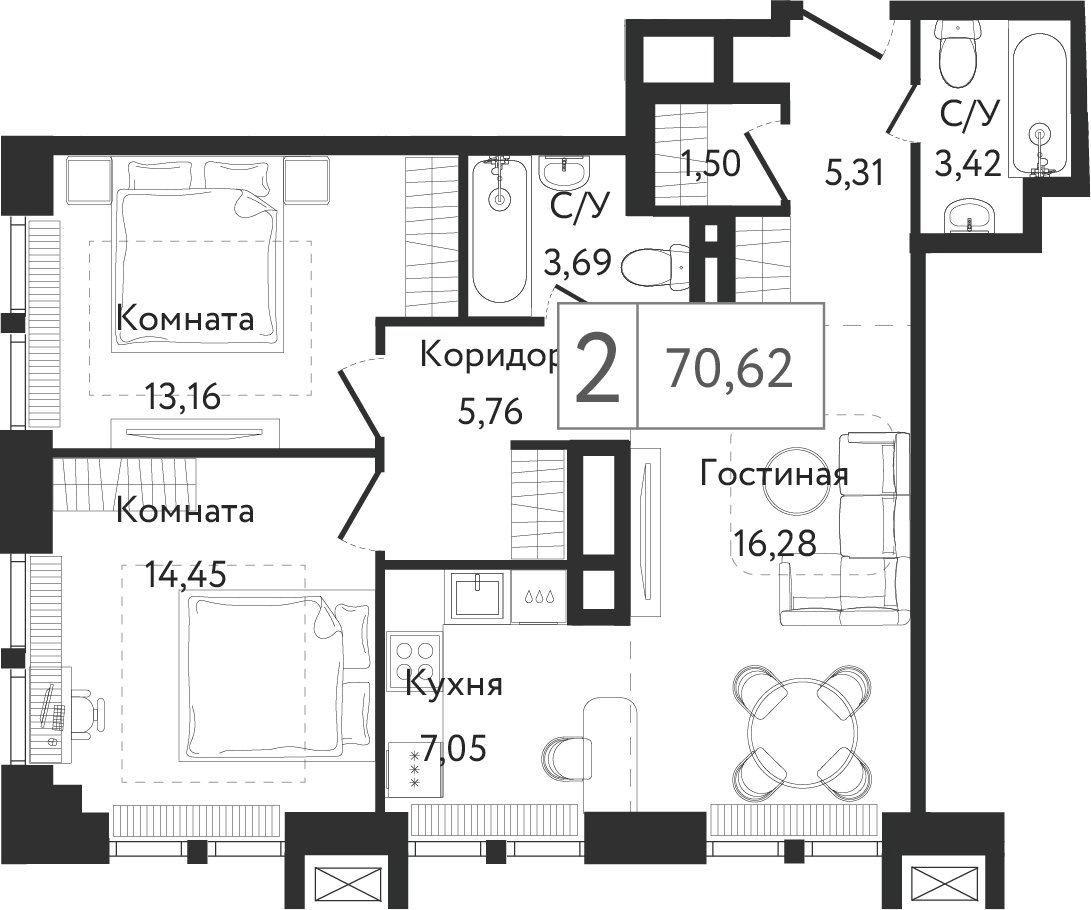 2-комнатная квартира без отделки, 70.62 м2, 4 этаж, сдача 3 квартал 2023 г., ЖК Dream Towers, корпус 2 - объявление 2261212 - фото №1