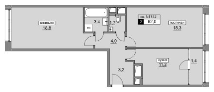 2-комнатная квартира без отделки, 62 м2, 12 этаж, дом сдан, ЖК Румянцево-Парк, корпус 3 - объявление 1933383 - фото №1