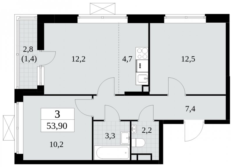 3-комнатная квартира (евро) с полной отделкой, 53.9 м2, 4 этаж, сдача 3 квартал 2024 г., ЖК Прокшино, корпус 8.1 - объявление 1683444 - фото №1