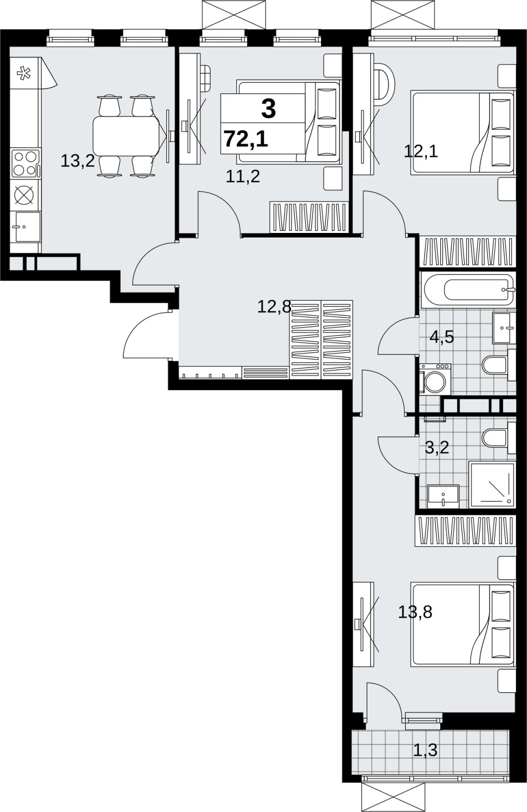 3-комнатная квартира с полной отделкой, 72.1 м2, 10 этаж, сдача 1 квартал 2027 г., ЖК Скандинавия, корпус 2.18.2.2 - объявление 2351219 - фото №1