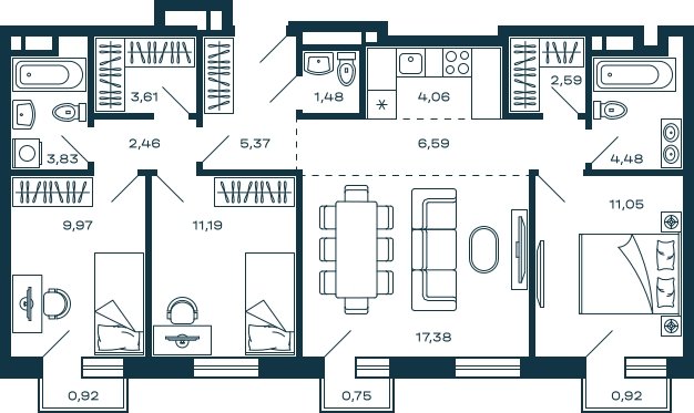 3-комнатная квартира без отделки, 84.84 м2, 23 этаж, сдача 2 квартал 2025 г., ЖК М_5, корпус 1 - объявление 2021998 - фото №1