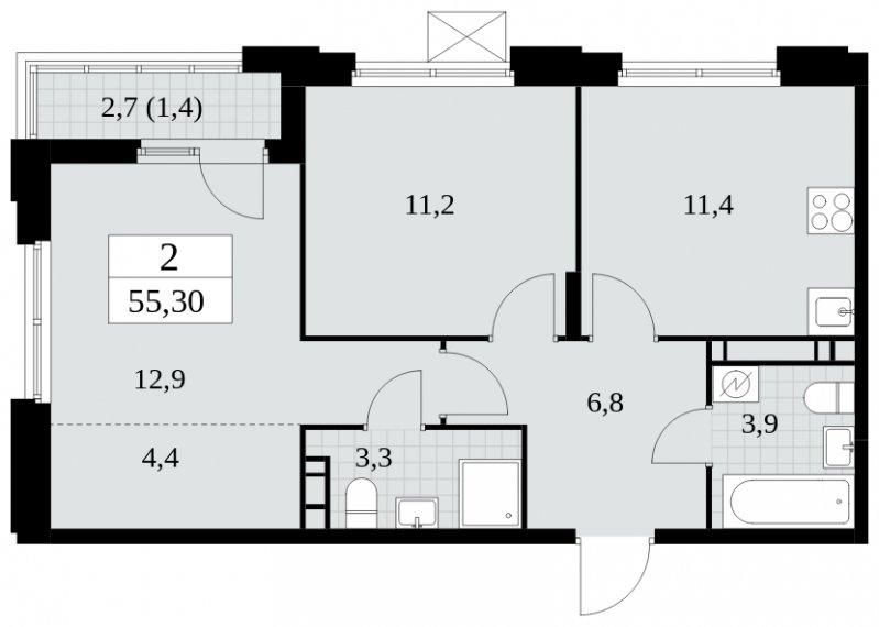 2-комнатная квартира с частичной отделкой, 55.3 м2, 9 этаж, сдача 2 квартал 2025 г., ЖК Скандинавия, корпус 2.27.4 - объявление 1840747 - фото №1