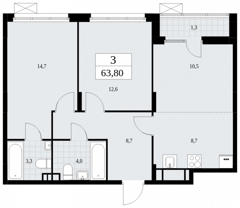 3-комнатная квартира (евро) без отделки, 63.8 м2, 3 этаж, сдача 2 квартал 2025 г., ЖК Дзен-кварталы, корпус 2.4 - объявление 1932783 - фото №1
