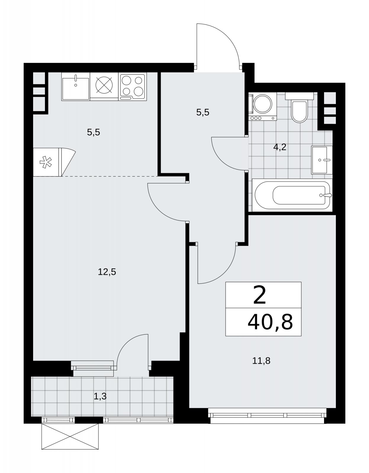 2-комнатная квартира (евро) с частичной отделкой, 40.8 м2, 5 этаж, сдача 2 квартал 2026 г., ЖК Прокшино, корпус 11.2.3 - объявление 2270279 - фото №1