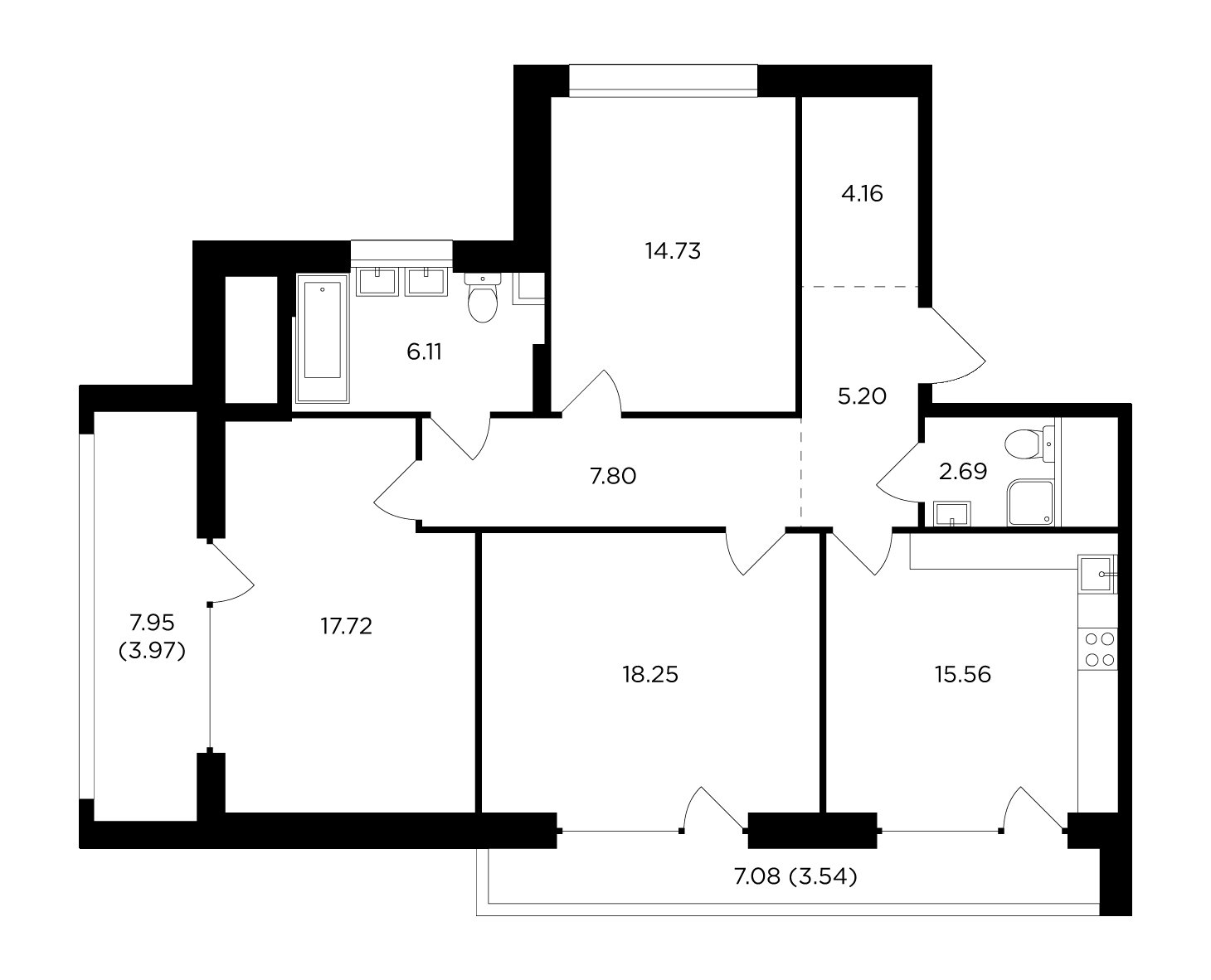 3-комнатная квартира без отделки, 99.73 м2, 12 этаж, дом сдан, ЖК RiverSky, корпус 4 - объявление 2007624 - фото №1