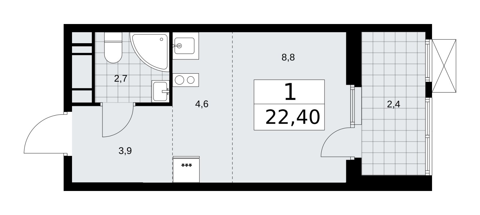 Студия с частичной отделкой, 22.4 м2, 12 этаж, сдача 4 квартал 2025 г., ЖК Бунинские кварталы, корпус 3.5 - объявление 2152217 - фото №1
