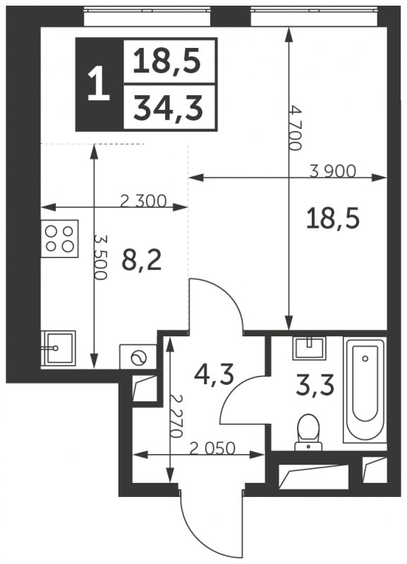 Студия с частичной отделкой, 34.3 м2, 30 этаж, сдача 4 квартал 2023 г., ЖК Архитектор, корпус 2 - объявление 1671739 - фото №1