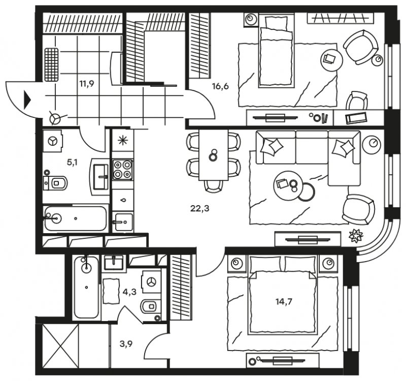 3-комнатные апартаменты с частичной отделкой, 78.8 м2, 15 этаж, сдача 1 квартал 2022 г., ЖК Level Стрешнево, корпус Запад - объявление 1302611 - фото №1
