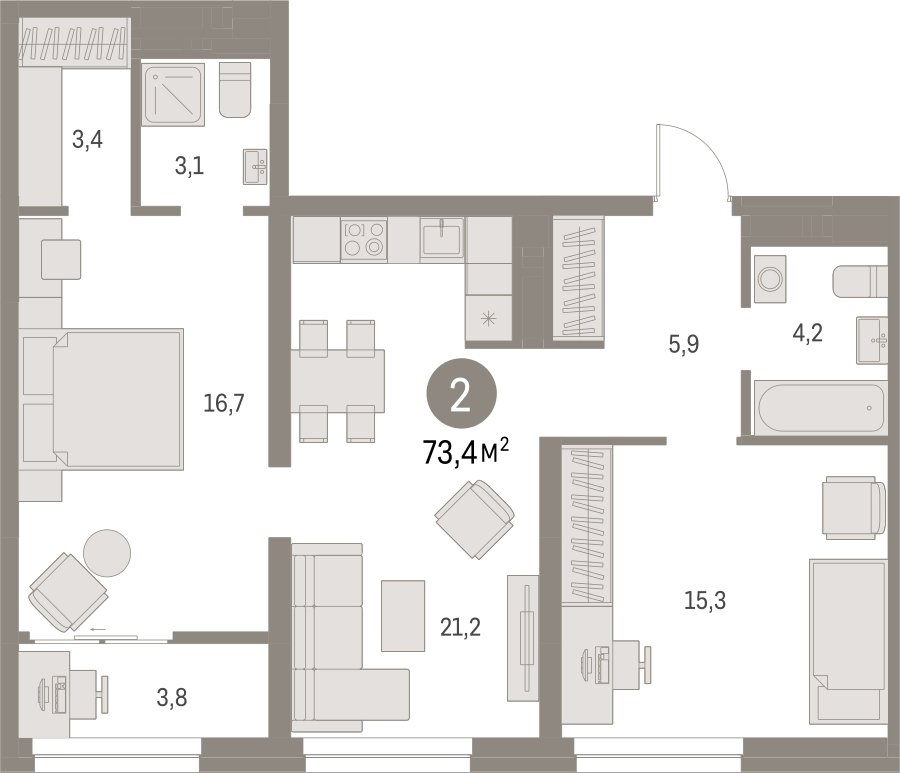 2-комнатная квартира с частичной отделкой, 73.43 м2, 6 этаж, сдача 1 квартал 2025 г., ЖК Первый квартал, корпус 5 - объявление 2334900 - фото №1