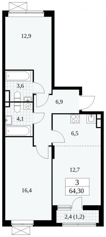 3-комнатная квартира (евро) без отделки, 64.3 м2, 8 этаж, сдача 1 квартал 2025 г., ЖК Прокшино, корпус 5.1.3 - объявление 1810757 - фото №1