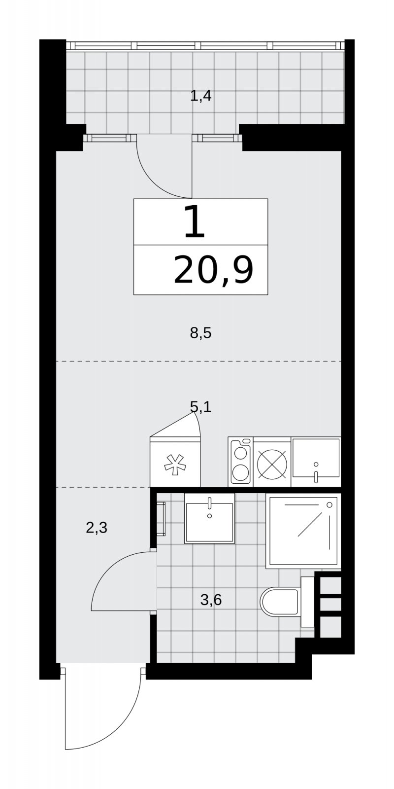 Студия с частичной отделкой, 20.9 м2, 12 этаж, сдача 2 квартал 2026 г., ЖК Деснаречье, корпус 4.5 - объявление 2264570 - фото №1