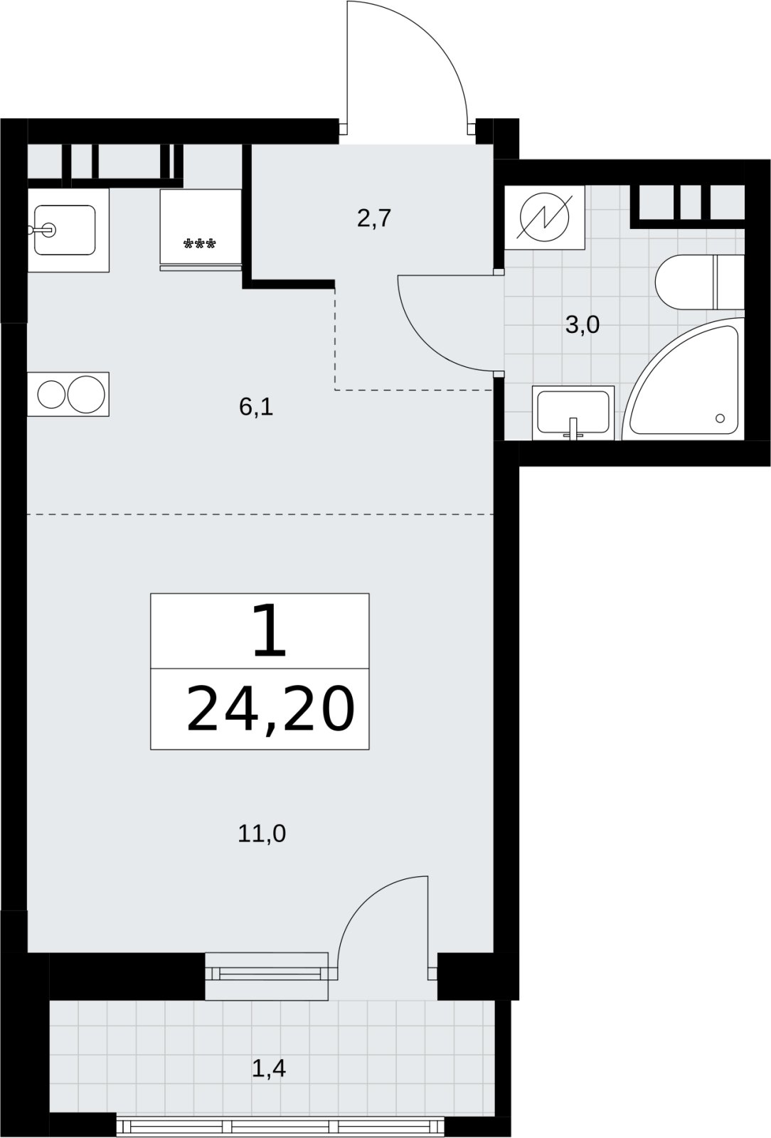 Студия с полной отделкой, 24.2 м2, 7 этаж, сдача 4 квартал 2026 г., ЖК Родные кварталы, корпус 3.3 - объявление 2378522 - фото №1
