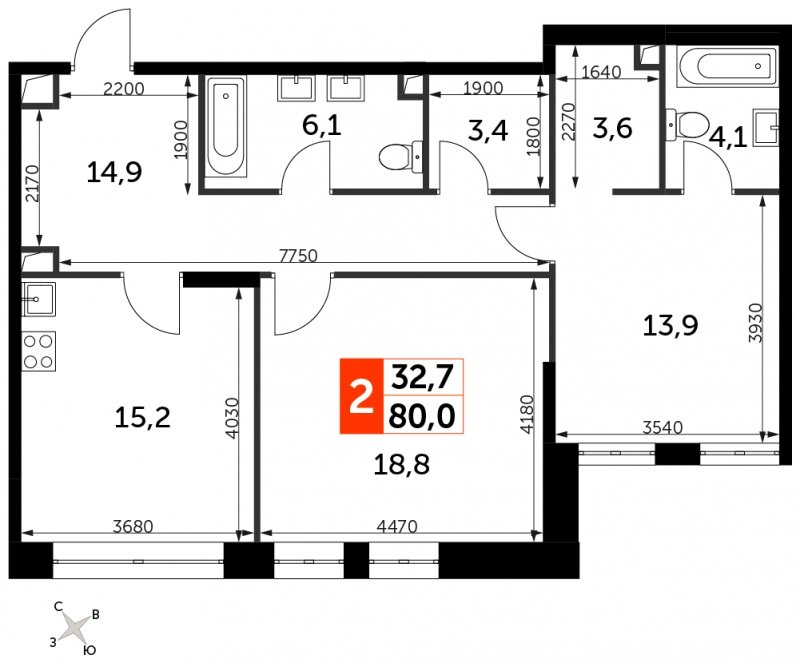 2-комнатная квартира с частичной отделкой, 80 м2, 2 этаж, сдача 3 квартал 2024 г., ЖК Sydney City, корпус 2.1 - объявление 1608172 - фото №1