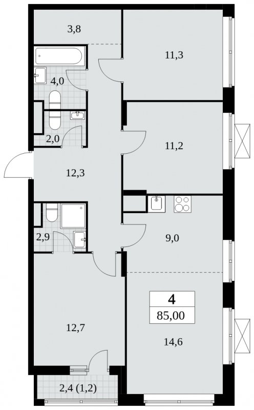 4-комнатная квартира (евро) с полной отделкой, 85 м2, 6 этаж, сдача 3 квартал 2024 г., ЖК Прокшино, корпус 8.1 - объявление 1683516 - фото №1