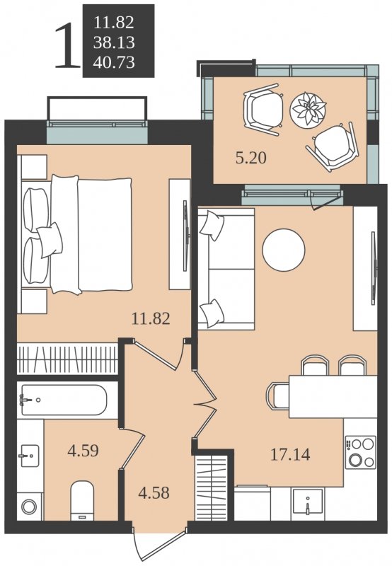 1-комнатная квартира без отделки, 40.73 м2, 3 этаж, сдача 1 квартал 2024 г., ЖК Мишино-2, корпус 10 - объявление 1761390 - фото №1