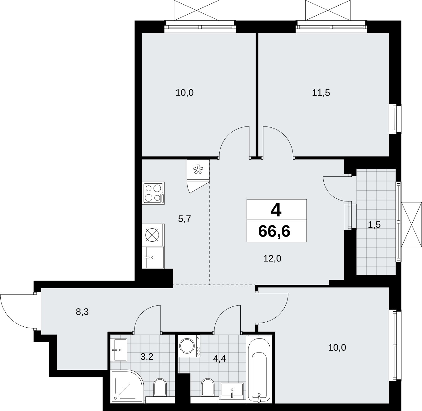 4-комнатная квартира (евро) с полной отделкой, 66.6 м2, 7 этаж, сдача 2 квартал 2026 г., ЖК Бунинские кварталы, корпус 9.3 - объявление 2324353 - фото №1