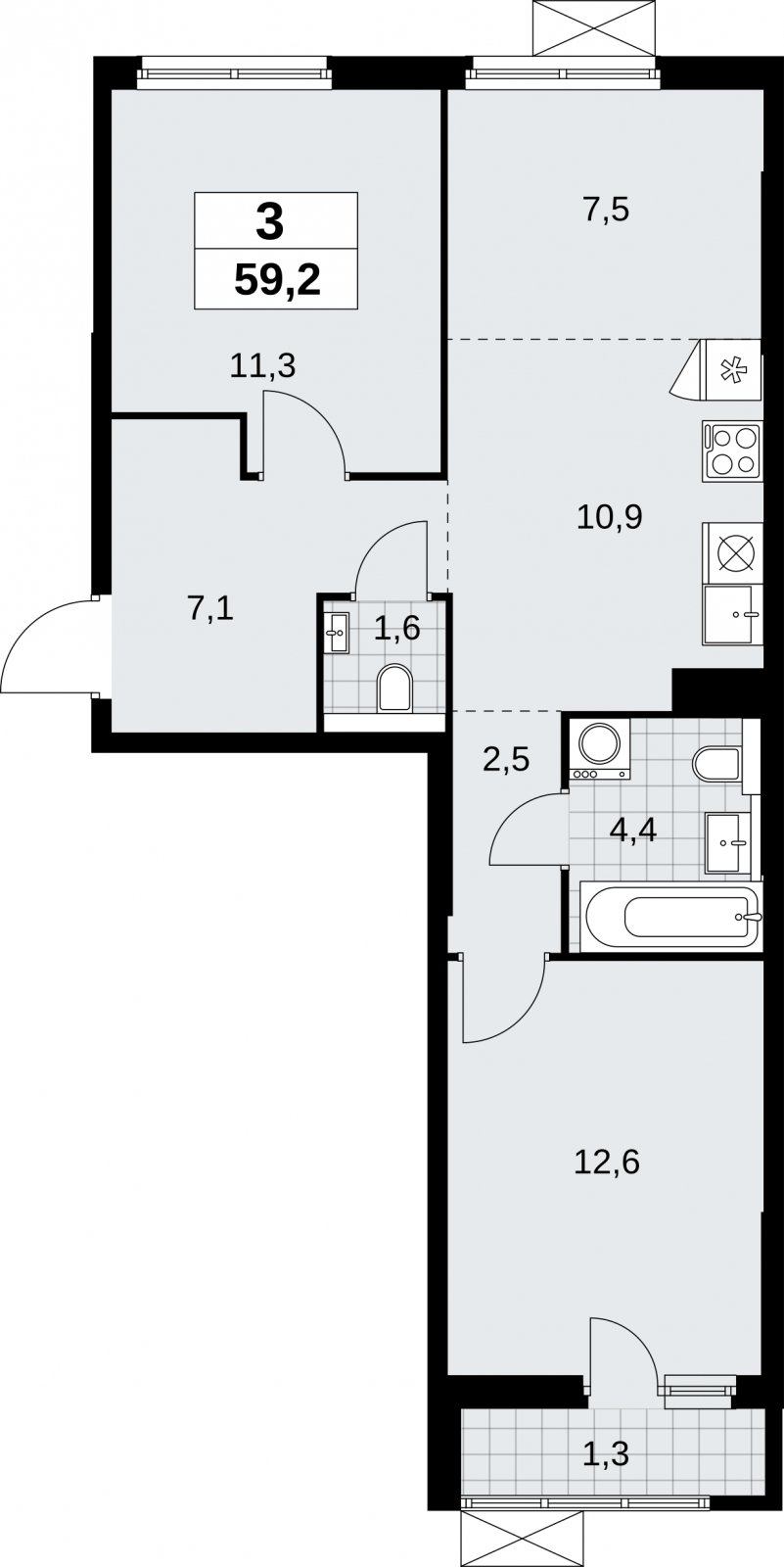 3-комнатная квартира (евро) без отделки, 59.2 м2, 2 этаж, сдача 2 квартал 2026 г., ЖК Бунинские кварталы, корпус 9.1 - объявление 2323989 - фото №1