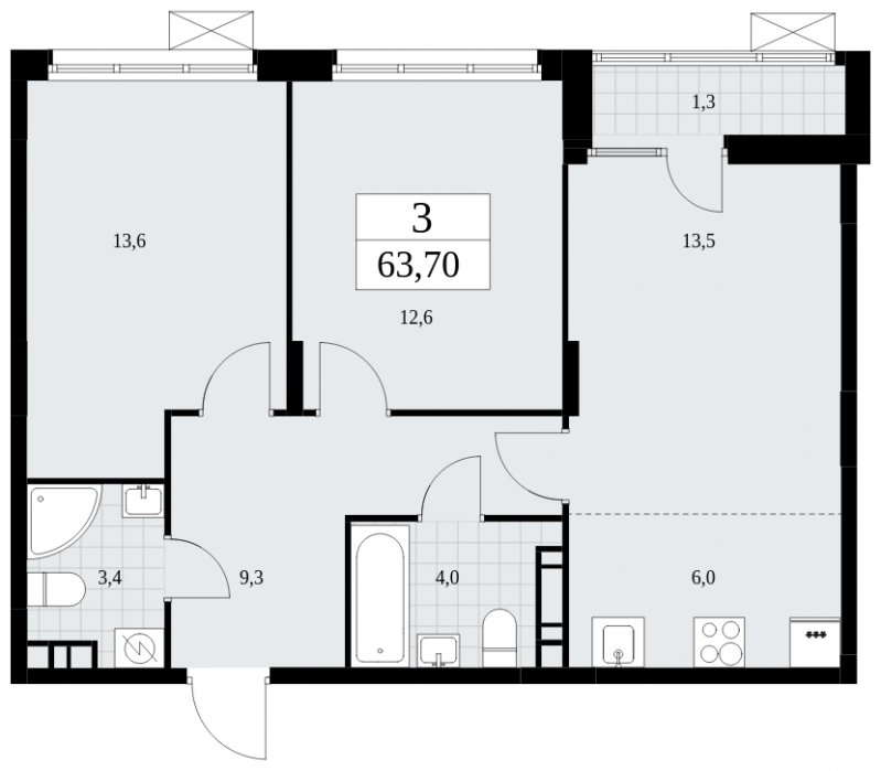 3-комнатная квартира (евро) без отделки, 63.7 м2, 6 этаж, сдача 2 квартал 2025 г., ЖК Дзен-кварталы, корпус 2.4 - объявление 1932799 - фото №1