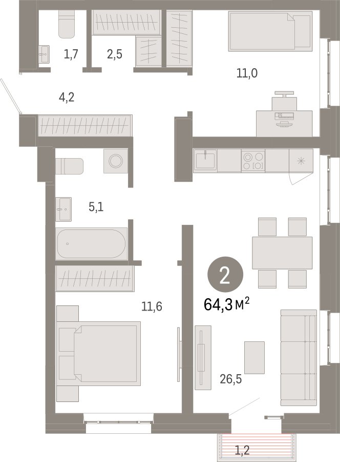 2-комнатная квартира 64.4 м2, 12 этаж, сдача 3 квартал 2026 г., ЖК Квартал Метроном, корпус 1 - объявление 2372105 - фото №1
