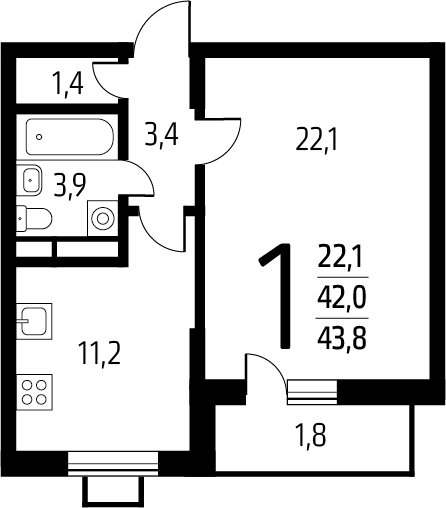 1-комнатная квартира с полной отделкой, 43.8 м2, 5 этаж, сдача 1 квартал 2025 г., ЖК Новые Ватутинки. Заречный, корпус 5/3 - объявление 2271726 - фото №1