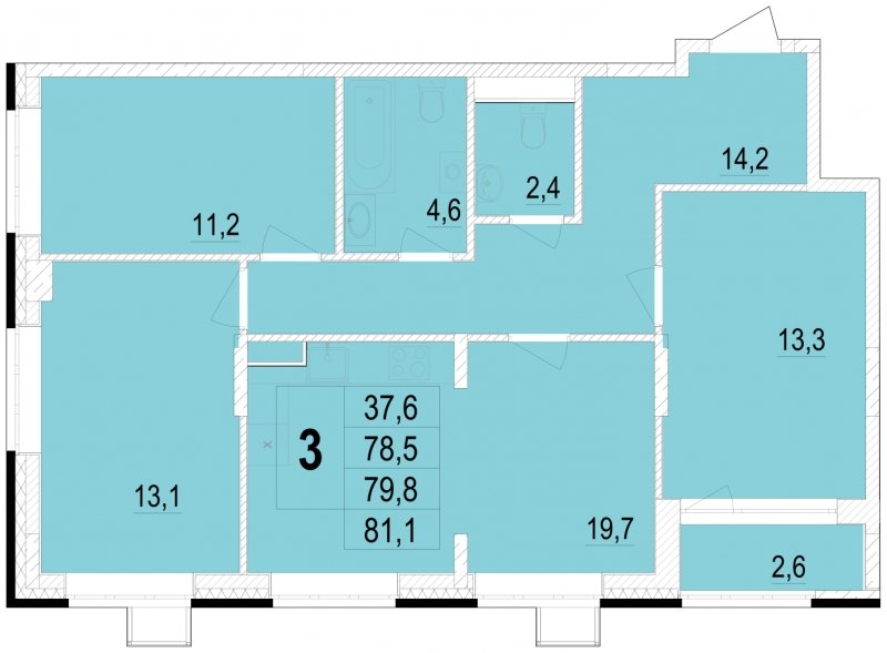3-комнатная квартира без отделки, 79.8 м2, 2 этаж, сдача 1 квартал 2024 г., ЖК Отрадный, корпус 4 - объявление 1781211 - фото №1
