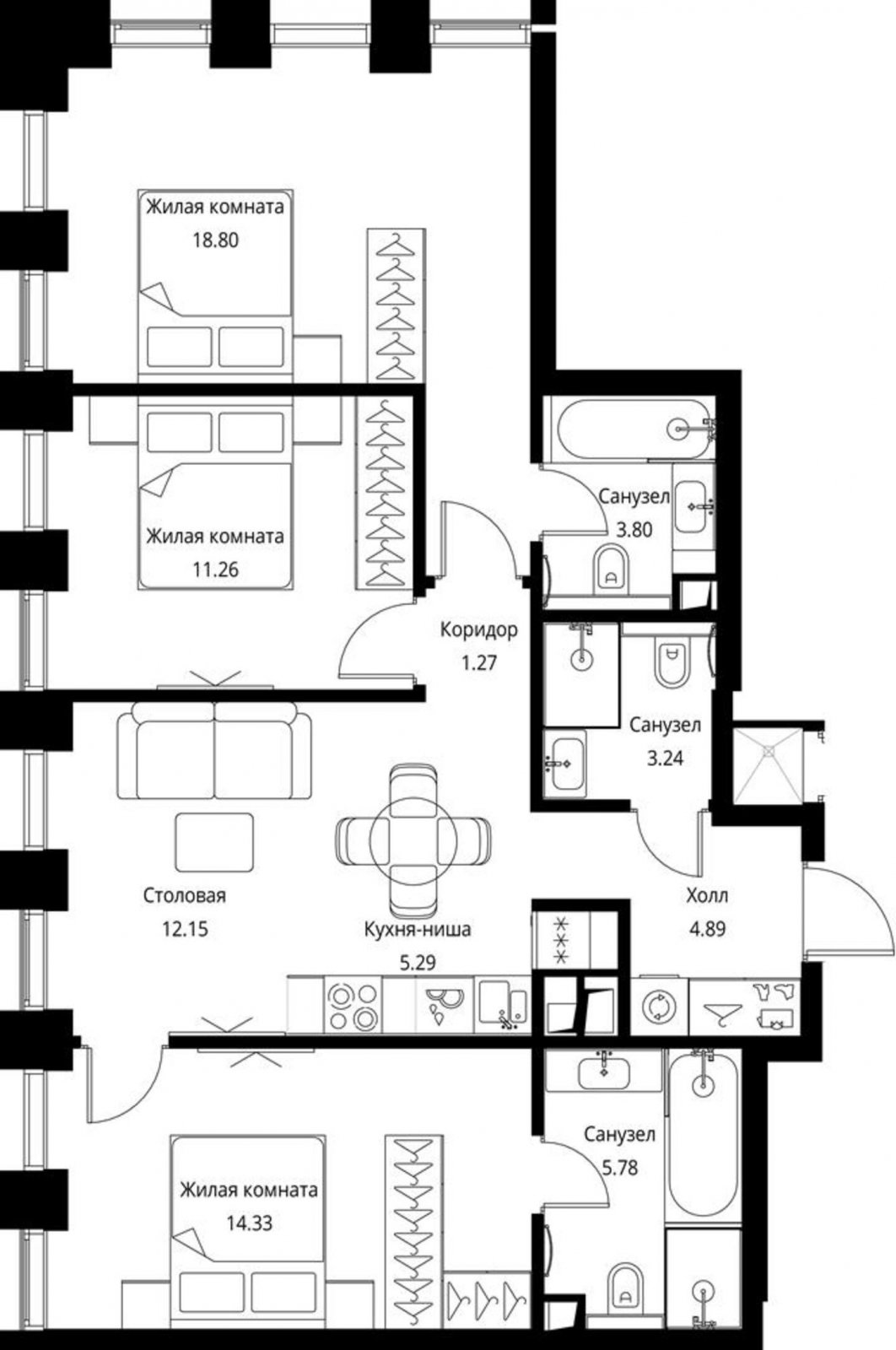 3-комнатная квартира с частичной отделкой, 80.81 м2, 7 этаж, сдача 3 квартал 2026 г., ЖК City Bay, корпус North Ocean 2 - объявление 2240656 - фото №1