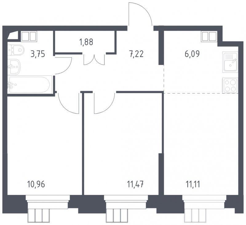 3-комнатные апартаменты с полной отделкой, 52.48 м2, 7 этаж, сдача 1 квартал 2023 г., ЖК Тропарево Парк, корпус 1.1 - объявление 1539256 - фото №1