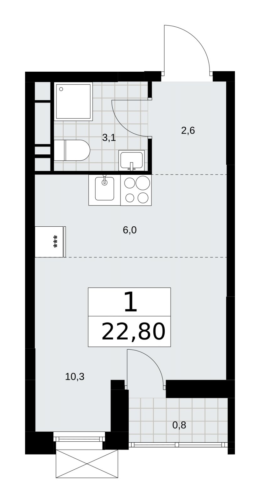 Студия без отделки, 22.8 м2, 10 этаж, сдача 3 квартал 2025 г., ЖК Скандинавия, корпус 28.1 - объявление 2201908 - фото №1